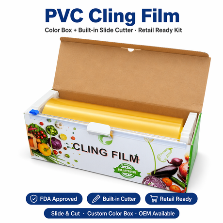 Màng bám cấp thực phẩm PVC có hộp cắt | Bọc nhựa nhà bếp miễn phí 100% BPA để giữ thực phẩm tươi sống
